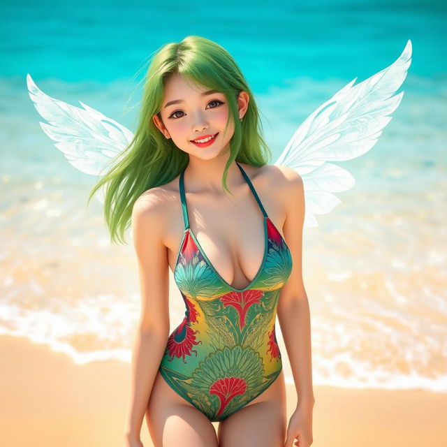 A green-haired angelic Korean girl wearing a stylish One Piece swimsuit