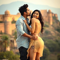 A sensual scene featuring Nushrat Bharucha as a college girl at a picturesque Rajasthani fort