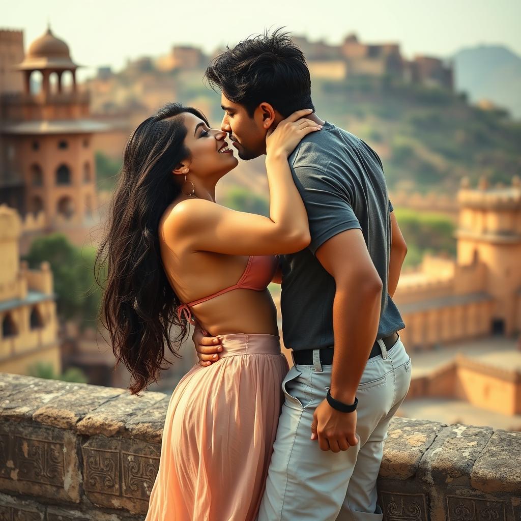 A sensual scene featuring Nushrat Bharucha as a college girl at a picturesque Rajasthani fort