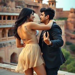 A sensual scene featuring Nushrat Bharucha as a college girl at a picturesque Rajasthani fort