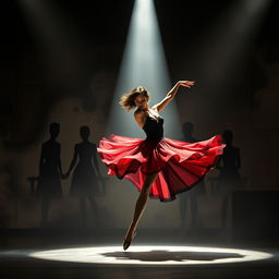 A captivating scene depicting a ballerina performing a powerful dance that expresses themes of love and betrayal