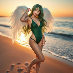 A beautiful green-haired angelic Korean girl, elegantly posed in a stylish One Piece swimsuit