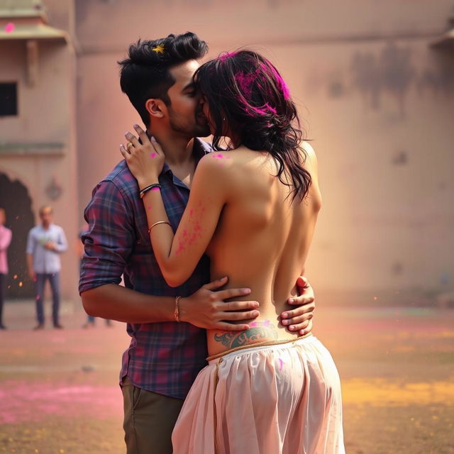 A sensual scene set during Holi, featuring Nushrat Bharucha as a college girl at a vibrant Rajasthani fort