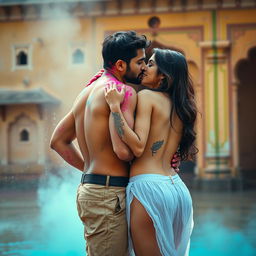 A sensual scene set during Holi, featuring Nushrat Bharucha as a college girl at a vibrant Rajasthani fort