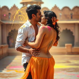 A sensual scene set during Holi, featuring Nushrat Bharucha as a college girl at a vibrant Rajasthani fort