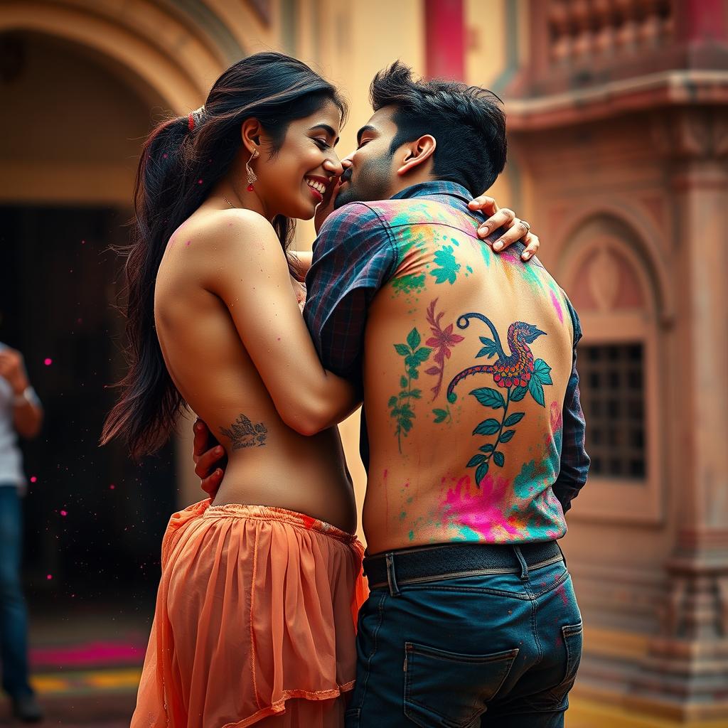 A sensual scene set during Holi, featuring Nushrat Bharucha as a college girl at a vibrant Rajasthani fort