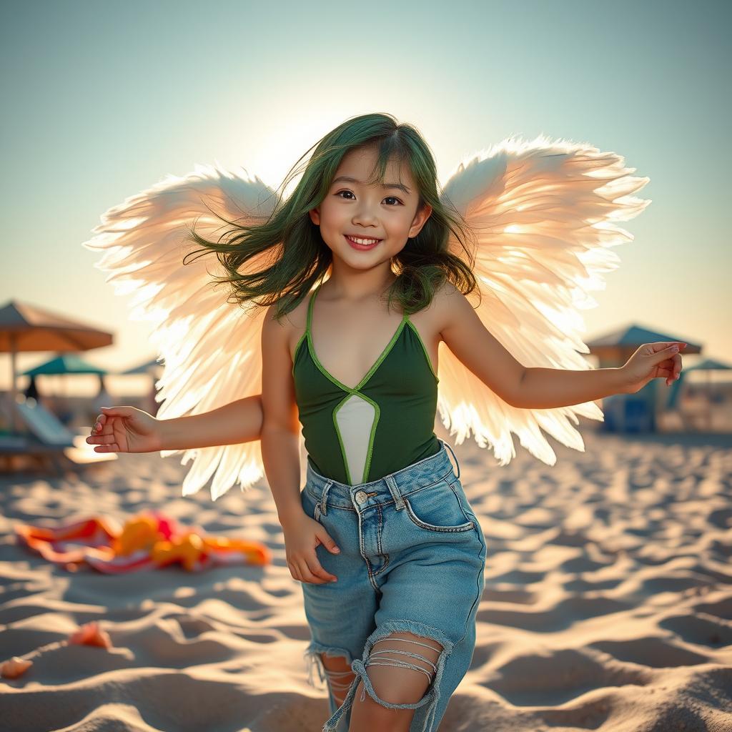 A charming green-haired angelic Korean girl, playfully dressed in a unique combination of a stylish One Piece swimsuit worn underneath her casual jeans