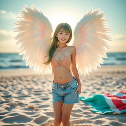 A charming green-haired angelic Korean girl, playfully dressed in a unique combination of a stylish One Piece swimsuit worn underneath her casual jeans