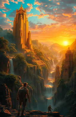 An intricate, breathtaking depiction of the lost city of gold, featuring towering golden skyscrapers shimmering under the sun, lush jungle foliage surrounding the structures, cascading waterfalls, and ancient stone temples adorned with intricate carvings