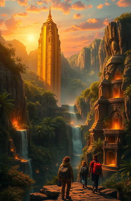 An intricate, breathtaking depiction of the lost city of gold, featuring towering golden skyscrapers shimmering under the sun, lush jungle foliage surrounding the structures, cascading waterfalls, and ancient stone temples adorned with intricate carvings