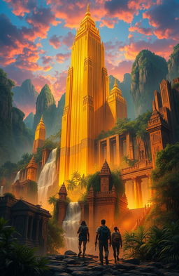 An intricate, breathtaking depiction of the lost city of gold, featuring towering golden skyscrapers shimmering under the sun, lush jungle foliage surrounding the structures, cascading waterfalls, and ancient stone temples adorned with intricate carvings