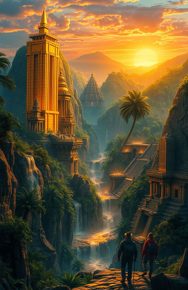 An intricate, breathtaking depiction of the lost city of gold, featuring towering golden skyscrapers shimmering under the sun, lush jungle foliage surrounding the structures, cascading waterfalls, and ancient stone temples adorned with intricate carvings