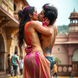 A sensual scene depicting Nushrat Bharucha as a college girl at a vibrant Rajasthani fort during Holi
