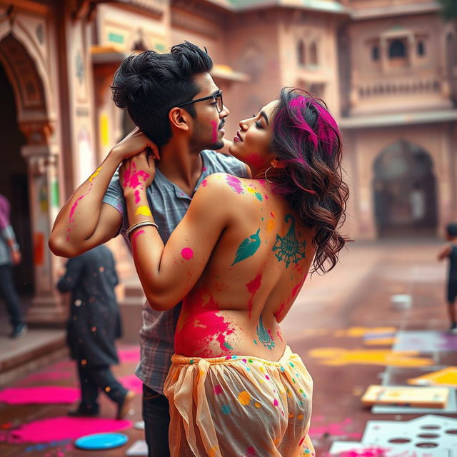 A sensual scene depicting Nushrat Bharucha as a college girl at a vibrant Rajasthani fort during Holi