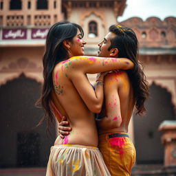 A sensual scene depicting Nushrat Bharucha as a college girl at a vibrant Rajasthani fort during Holi