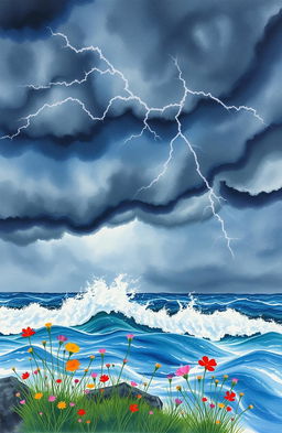 A stunning watercolor painting entitled 'Beyond the Storm' by Tuan Alaska, depicting an intense and dramatic storm scene