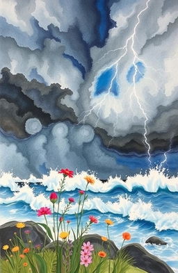A stunning watercolor painting entitled 'Beyond the Storm' by Tuan Alaska, depicting an intense and dramatic storm scene