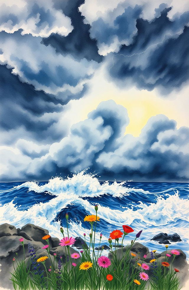 A stunning watercolor painting entitled 'Beyond the Storm' by Tuan Alaska, depicting an intense and dramatic storm scene