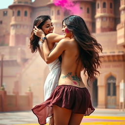A sensual scene featuring a college girl in a low waist chiffon short skirt, reminiscent of Nushrat Bharucha, dancing playfully at a beautiful Rajasthani fort during Holi