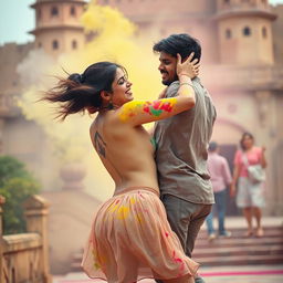 A sensual scene featuring a college girl in a low waist chiffon short skirt, reminiscent of Nushrat Bharucha, dancing playfully at a beautiful Rajasthani fort during Holi