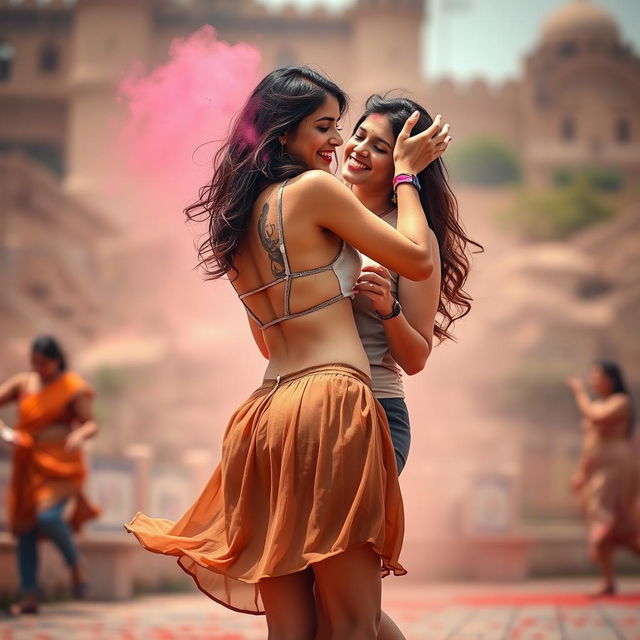 A sensual scene featuring a college girl in a low waist chiffon short skirt, reminiscent of Nushrat Bharucha, dancing playfully at a beautiful Rajasthani fort during Holi