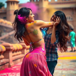 A sensual scene featuring a college girl in a low waist chiffon short skirt, reminiscent of Nushrat Bharucha, dancing playfully at a beautiful Rajasthani fort during Holi