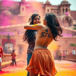 A sensual representation of a college girl inspired by Nushrat Bharucha, wearing a low waist chiffon short skirt, dancing playfully at a stunning Rajasthani fort during the vibrant Holi festival