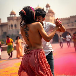 A sensual representation of a college girl inspired by Nushrat Bharucha, wearing a low waist chiffon short skirt, dancing playfully at a stunning Rajasthani fort during the vibrant Holi festival
