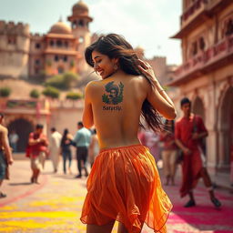 A sensual representation of a college girl inspired by Nushrat Bharucha, wearing a low waist chiffon short skirt, dancing playfully at a stunning Rajasthani fort during the vibrant Holi festival