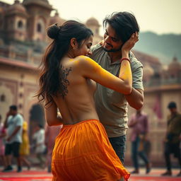 A sensual representation of a college girl inspired by Nushrat Bharucha, wearing a low waist chiffon short skirt, dancing playfully at a stunning Rajasthani fort during the vibrant Holi festival