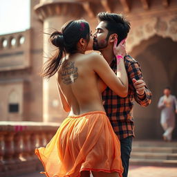 A sensual portrayal of a college girl inspired by Nushrat Bharucha, wearing a low waist chiffon short skirt, playfully engaged in a festive lap dance with her boyfriend at a stunning Rajasthani fort during the lively Holi celebrations