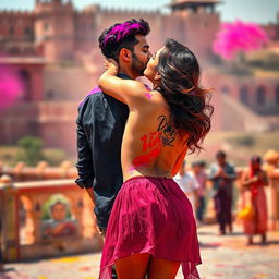 A sensual portrayal of a college girl inspired by Nushrat Bharucha, wearing a low waist chiffon short skirt, playfully engaged in a festive lap dance with her boyfriend at a stunning Rajasthani fort during the lively Holi celebrations