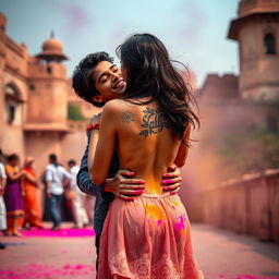 A sensual portrayal of a college girl inspired by Nushrat Bharucha, wearing a low waist chiffon short skirt, playfully engaged in a festive lap dance with her boyfriend at a stunning Rajasthani fort during the lively Holi celebrations