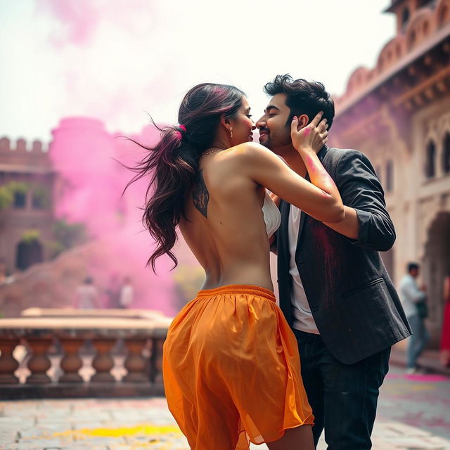 A sensual portrayal of a college girl inspired by Nushrat Bharucha, wearing a low waist chiffon short skirt, playfully engaged in a festive lap dance with her boyfriend at a stunning Rajasthani fort during the lively Holi celebrations