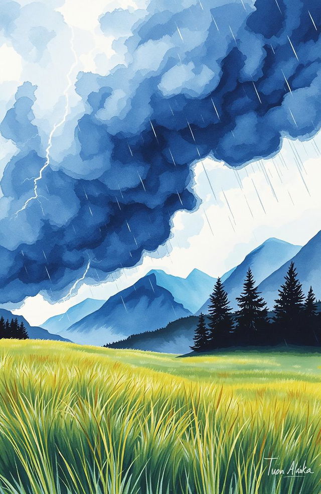 A dramatic watercolor painting titled 'Beyond the Storm' by Tuan Alaska