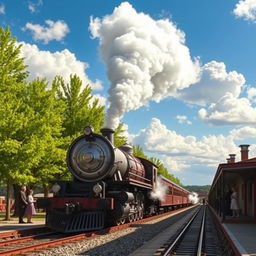 A majestic steam locomotive pulling into a vintage train station, vibrant green trees lining the platform, passengers dressed in early 20th-century fashion waiting to board, puffs of steam rising into a bright blue sky filled with fluffy white clouds