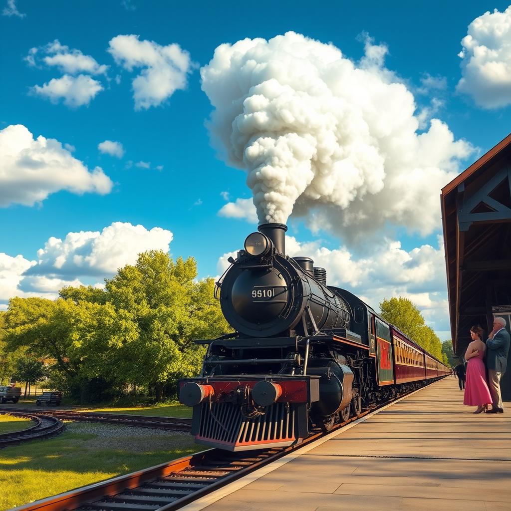 A majestic steam locomotive pulling into a vintage train station, vibrant green trees lining the platform, passengers dressed in early 20th-century fashion waiting to board, puffs of steam rising into a bright blue sky filled with fluffy white clouds