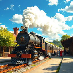 A majestic steam locomotive pulling into a vintage train station, vibrant green trees lining the platform, passengers dressed in early 20th-century fashion waiting to board, puffs of steam rising into a bright blue sky filled with fluffy white clouds