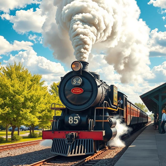 A majestic steam locomotive pulling into a vintage train station, vibrant green trees lining the platform, passengers dressed in early 20th-century fashion waiting to board, puffs of steam rising into a bright blue sky filled with fluffy white clouds