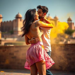 A sensual and vibrant scene featuring a college girl inspired by Nushrat Bharucha, adorned in a low waist chiffon short skirt, playfully engaged in a lap dance with her boyfriend at a stunning Rajasthani fort during the joyous Holi festival