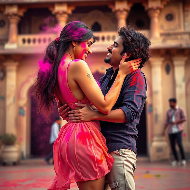 A sensual and vibrant scene featuring a college girl inspired by Nushrat Bharucha, adorned in a low waist chiffon short skirt, playfully engaged in a lap dance with her boyfriend at a stunning Rajasthani fort during the joyous Holi festival