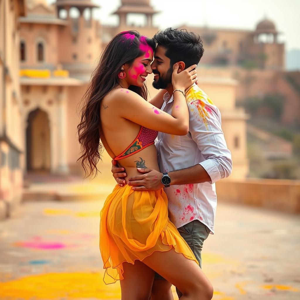 A sensual and vibrant scene featuring a college girl inspired by Nushrat Bharucha, adorned in a low waist chiffon short skirt, playfully engaged in a lap dance with her boyfriend at a stunning Rajasthani fort during the joyous Holi festival