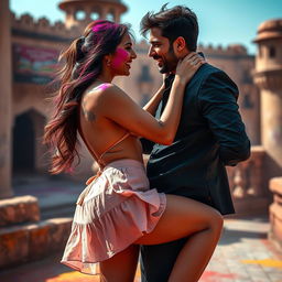 A sensual and vibrant scene featuring a college girl inspired by Nushrat Bharucha, adorned in a low waist chiffon short skirt, playfully engaged in a lap dance with her boyfriend at a stunning Rajasthani fort during the joyous Holi festival