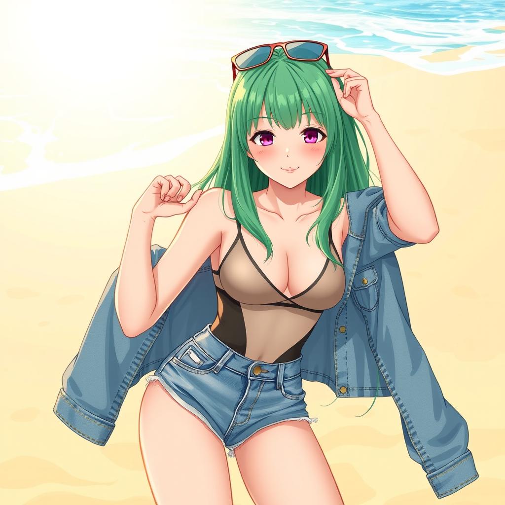 A stylish and vibrant illustration of a Korean girl with striking green hair, wearing a trendy One Piece swimsuit cleverly layered under a pair of fashionably distressed jeans