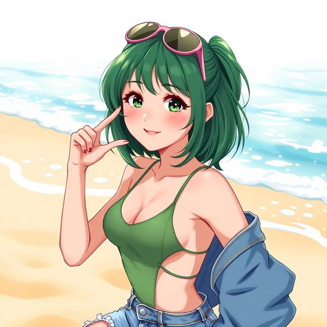 A stylish and vibrant illustration of a Korean girl with striking green hair, wearing a trendy One Piece swimsuit cleverly layered under a pair of fashionably distressed jeans