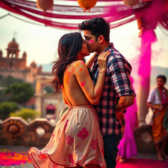 A vibrant and sensual depiction of a college girl inspired by Nushrat Bharucha, wearing a low waist chiffon short skirt, engaged in a playful and affectionate lap dance with her boyfriend at a picturesque Rajasthani fort during the colorful Holi festival