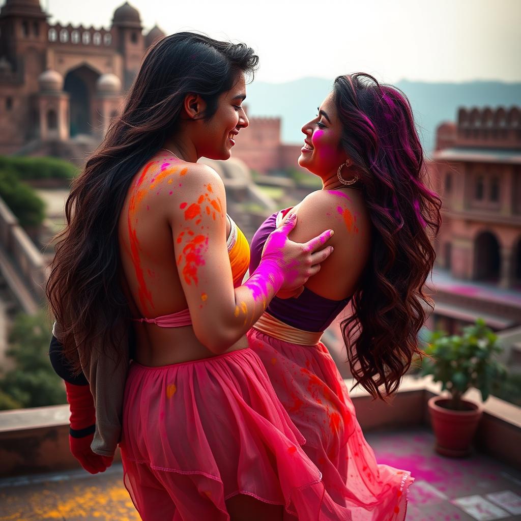 A vibrant and sensual depiction of a college girl inspired by Nushrat Bharucha, wearing a low waist chiffon short skirt, engaged in a playful and affectionate lap dance with her boyfriend at a picturesque Rajasthani fort during the colorful Holi festival