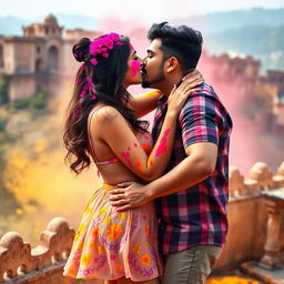 A vibrant and sensual depiction of a college girl inspired by Nushrat Bharucha, wearing a low waist chiffon short skirt, engaged in a playful and affectionate lap dance with her boyfriend at a picturesque Rajasthani fort during the colorful Holi festival