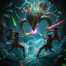 A dynamic and intense battle scene set in a dark underground water channel