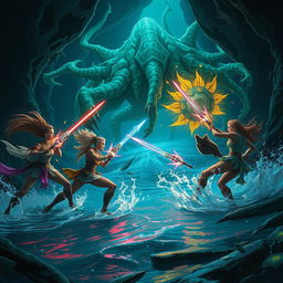 A dynamic and intense battle scene set in a dark underground water channel